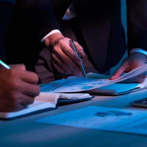 Close-up image of business partners working with financial documents